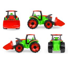 Traktor se lžící a s vozíkem, červeno zelený