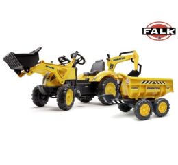 Falk Šlapací traktor 2086W Komatsu s bagrem a Maxi vyklápěcím přívěsem - žlutý