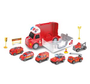 Auto hasičské s efekty a 6 malými auty 34 cm