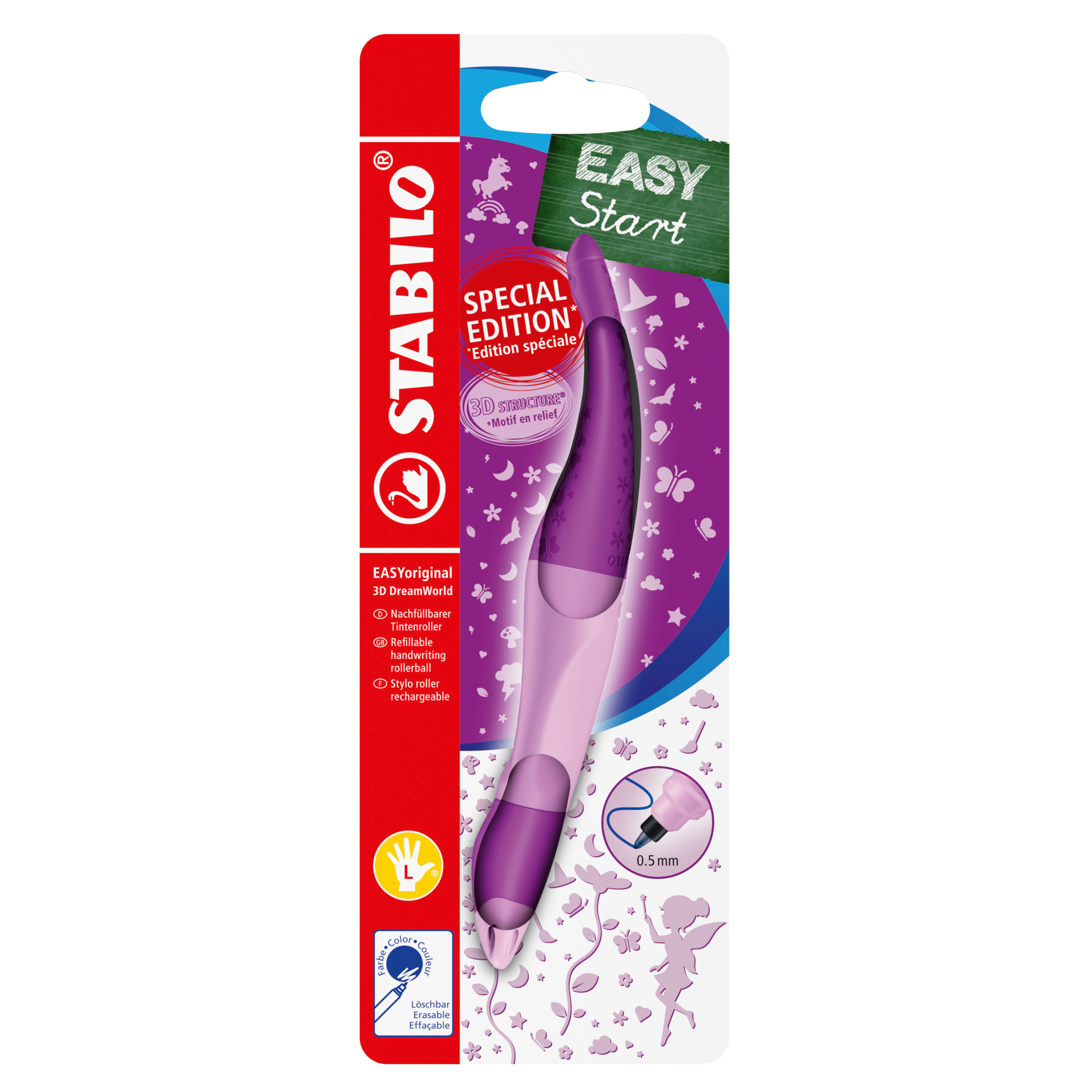 Levně Ergonomický roller pro leváky - STABILO EASYoriginal 3D DreamWorld růžová - vč. bombičky s modrým zm