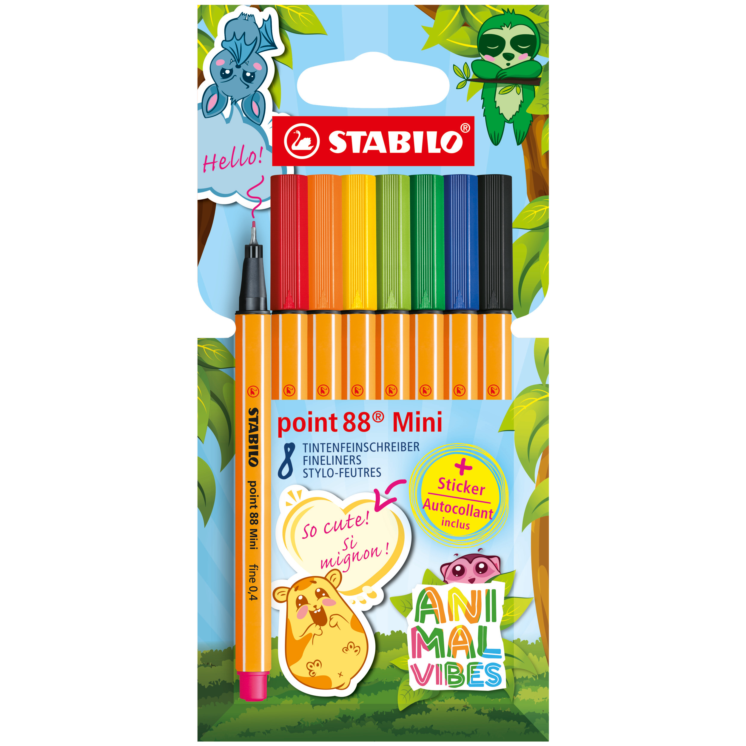 Levně Jemný liner - STABILO point 88 Mini Animal Vibes - 8 ks sada - včetně samolepky
