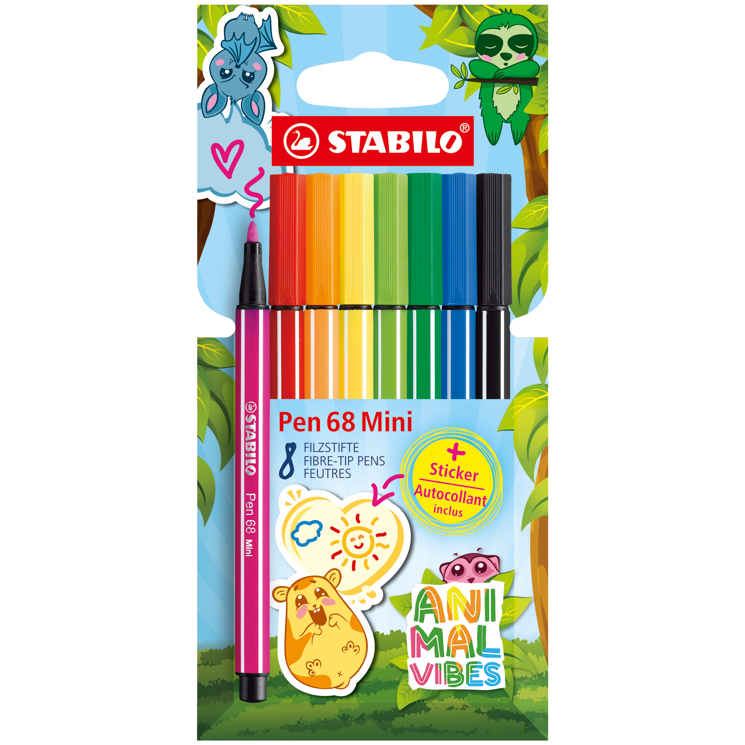 Levně Prémiový vláknový fix - STABILO Pen 68 Mini Animal Vibes - 8 ks sada - včetně samolepky