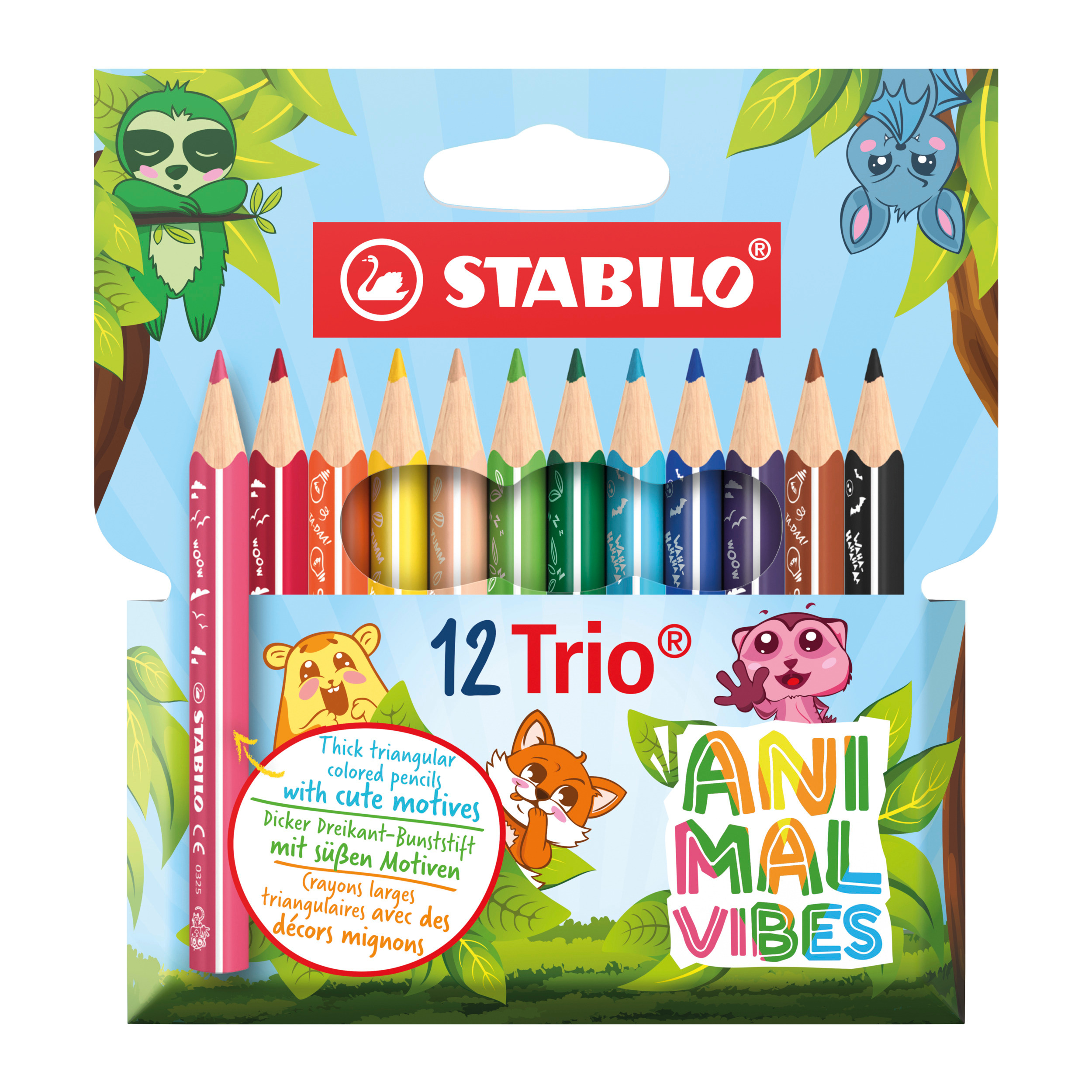 Levně Trojhranné pastelky - STABILO Trio silná krátká Animal Vibes - 12 ks sada - s motivy zvířat