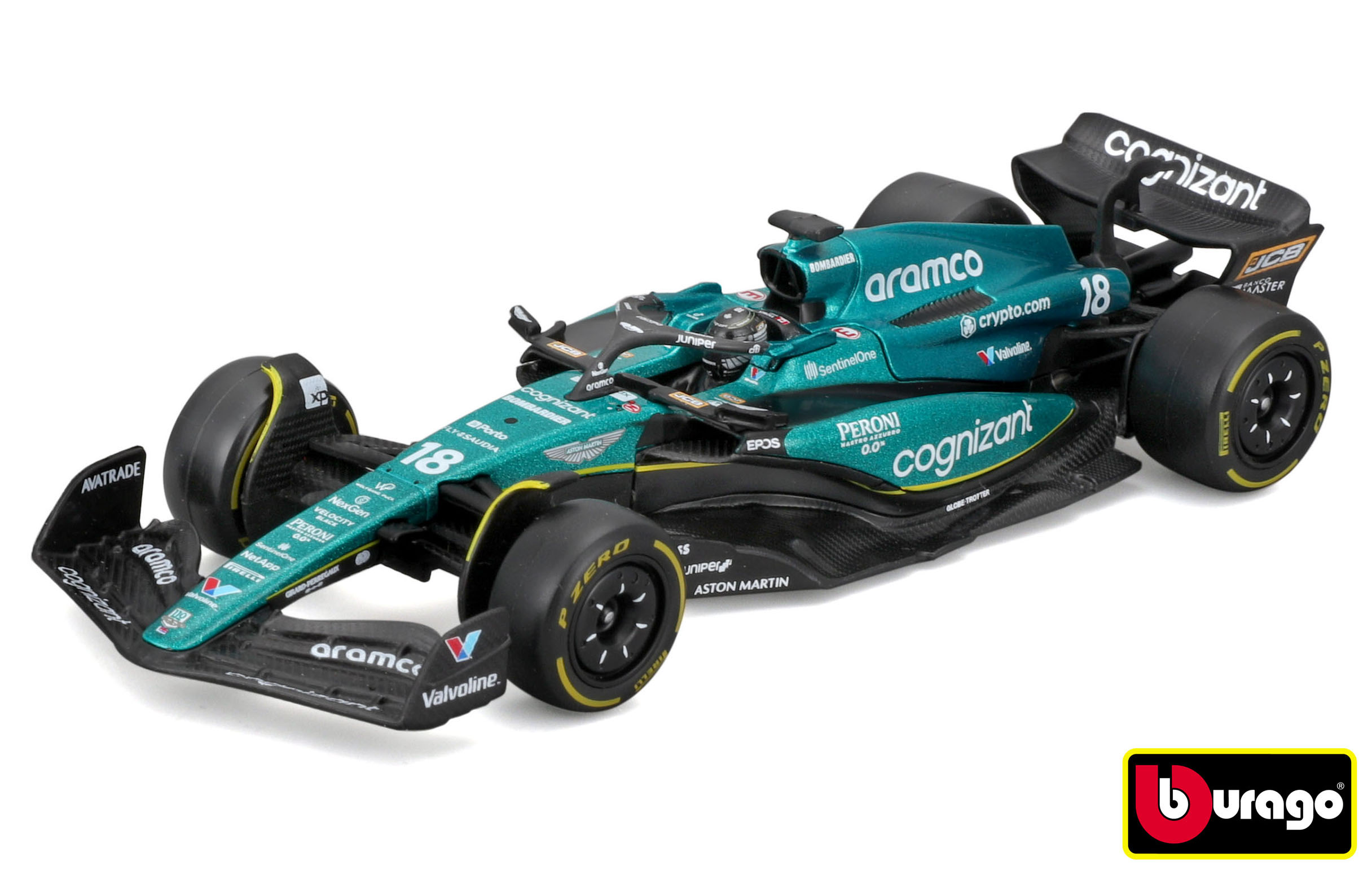 Bburago 1:43 RACE Formula F1 - Aston Martin  AMR23 (2023) #18 Lance Stroll with driver and decorativ