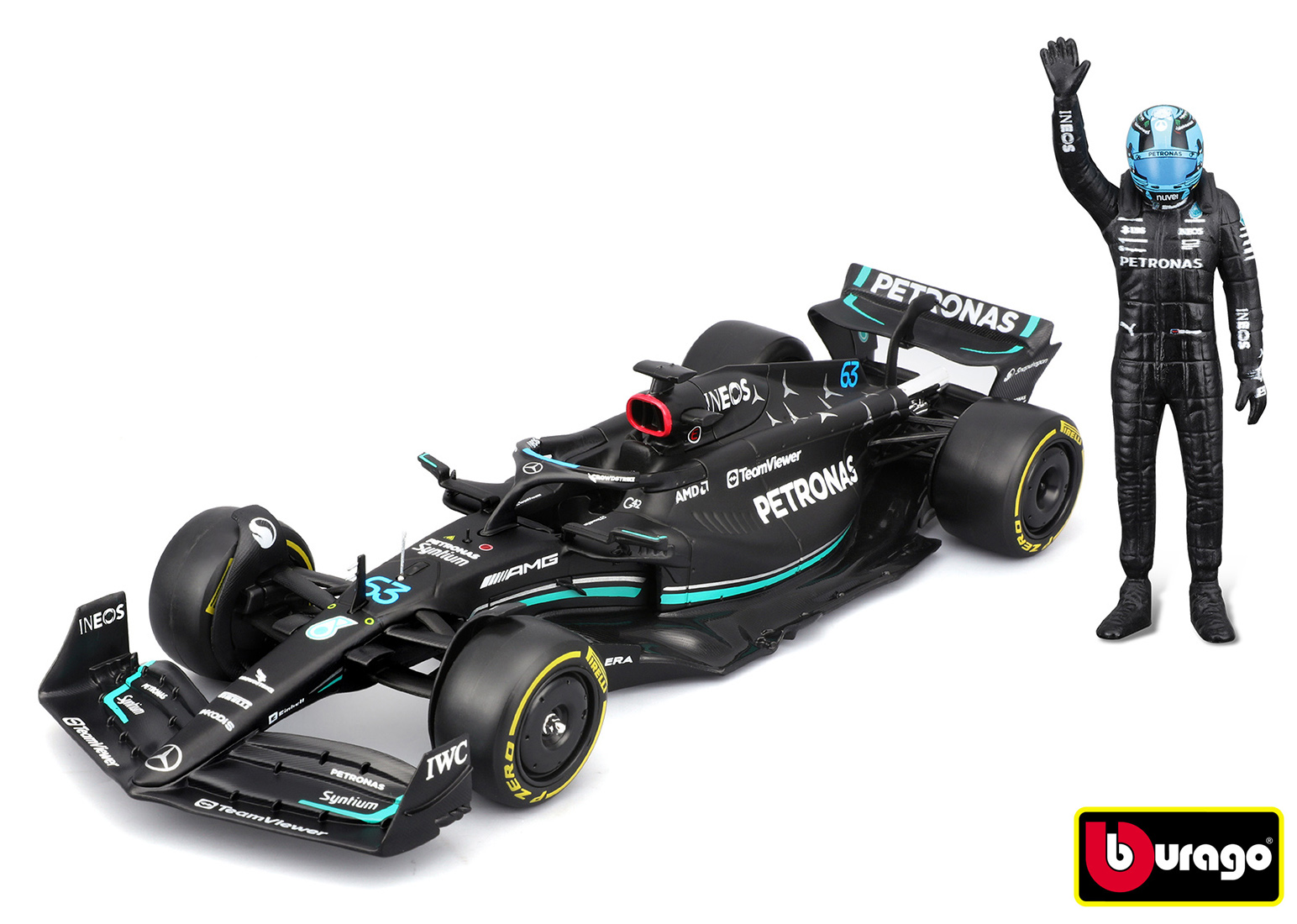 Levně Bburago 1:24 RACE Formula F1 - Mercedes-AMG F1 W14 E (2023) #63 George Russell with driver and decor