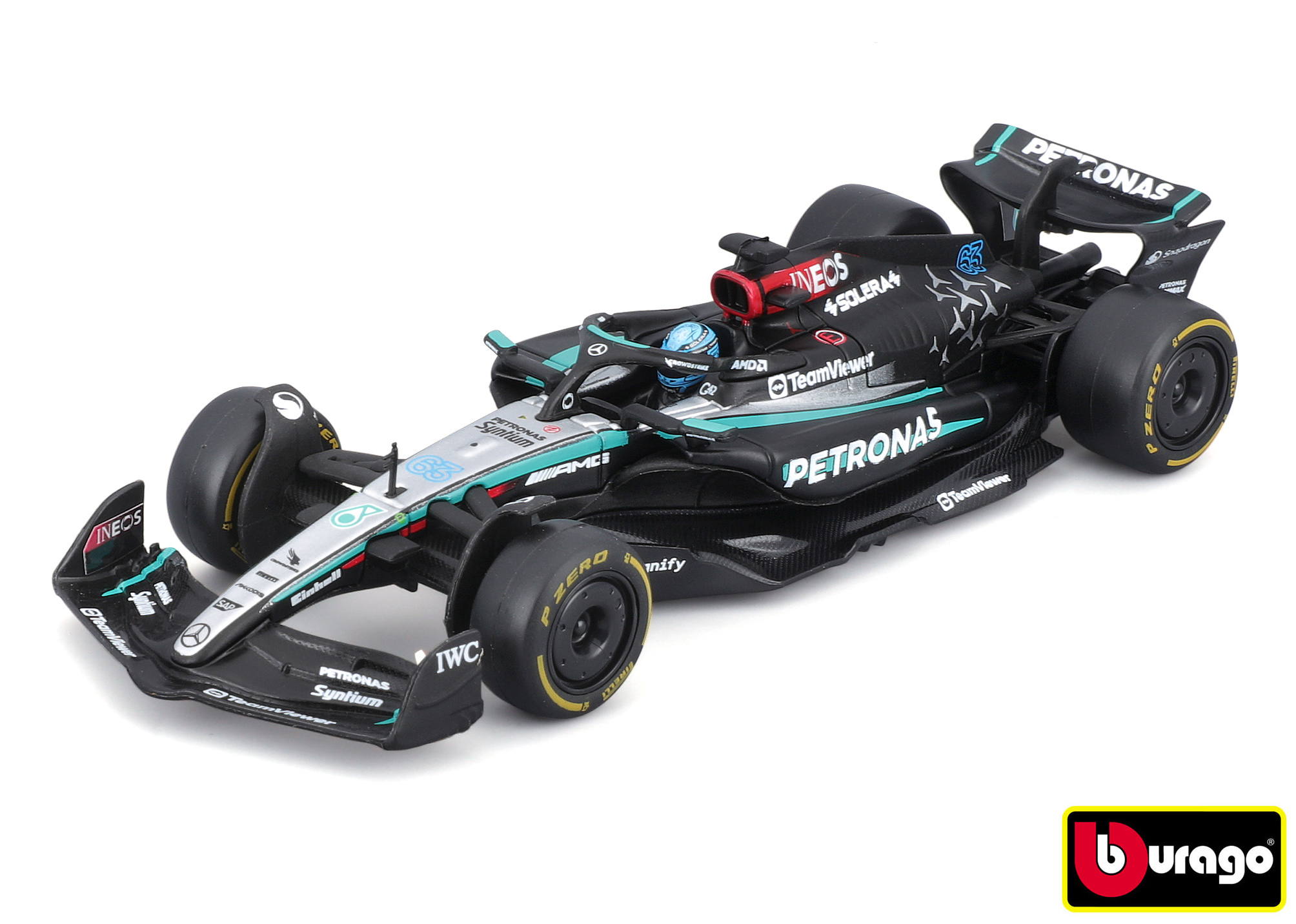 Bburago 1:43 RACE Formula F1 - Mercedes-AMG F1 W15 Performance (2024) #63 (George Russel) with drive