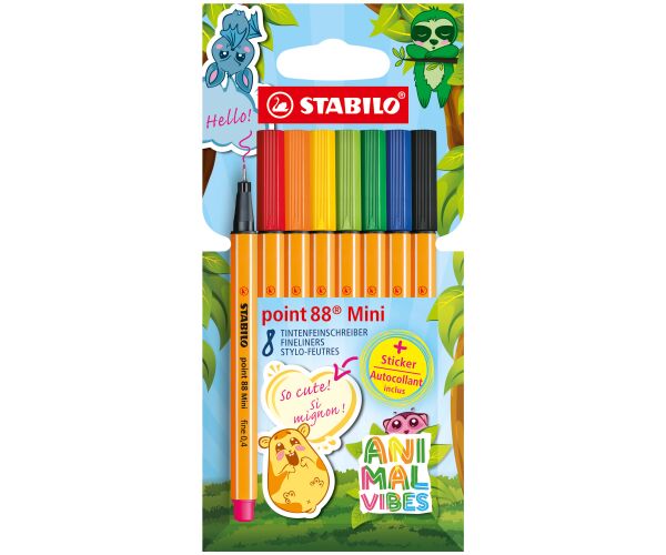 Jemný liner - STABILO point 88 Mini Animal Vibes - 8 ks sada - včetně samolepky