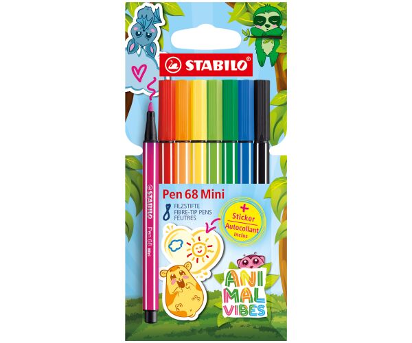 Prémiový vláknový fix - STABILO Pen 68 Mini Animal Vibes - 8 ks sada - včetně samolepky