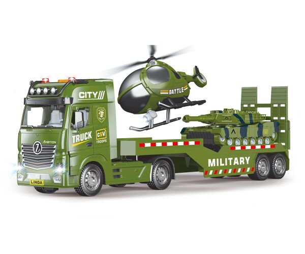Auto tahač vojenský 55 cm a helikoptéra s efekty set
