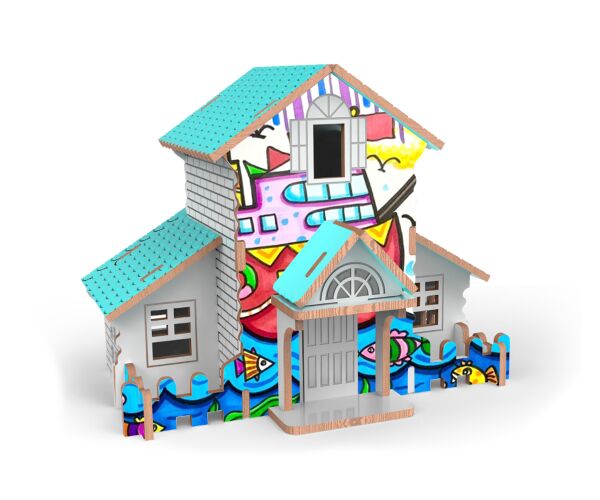Puzzle 3D dřevěné domeček s barvami