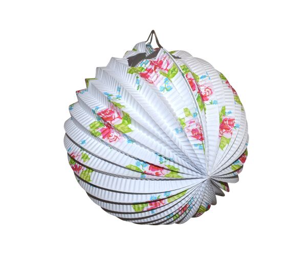 Lampion koule bílá s květy 25 cm