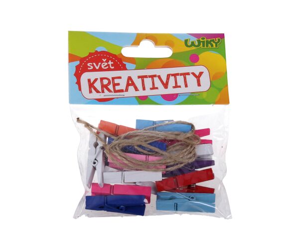 Kolíčky barevné 3,5 cm, 15ks + provázek