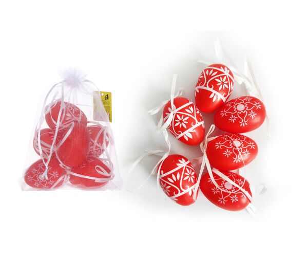 Vajíčko dekorační plastové červené 6 cm, 6ks v organza sáčku