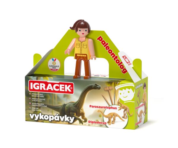 Igráček Paleontoložka – figurka s vykopávkami dinosaurů Parasaurolopha a Diplodoca