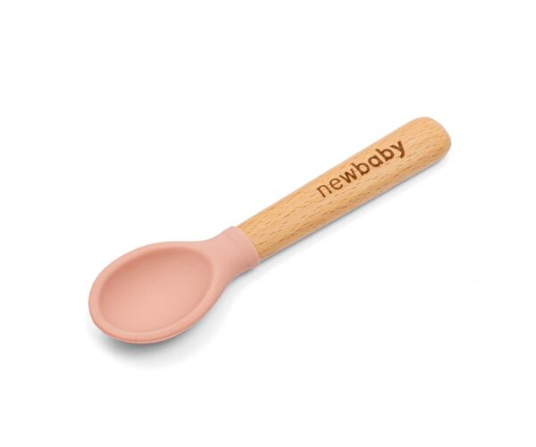 Lžička silikon-dřevo New Baby růžová 14cm