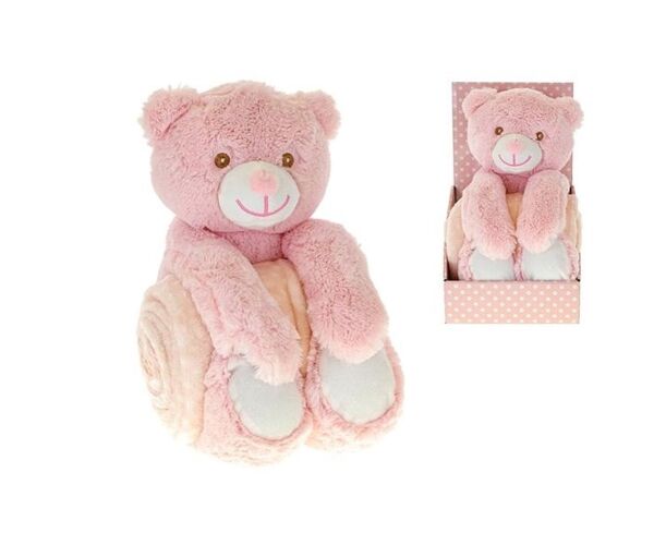 Medvídek plyšový 26cm sedící s dětskou dekou 75x75cm růžový