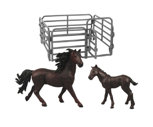 Sada koně 2 ks s ohradou tmavě hnědý s černou hřívou