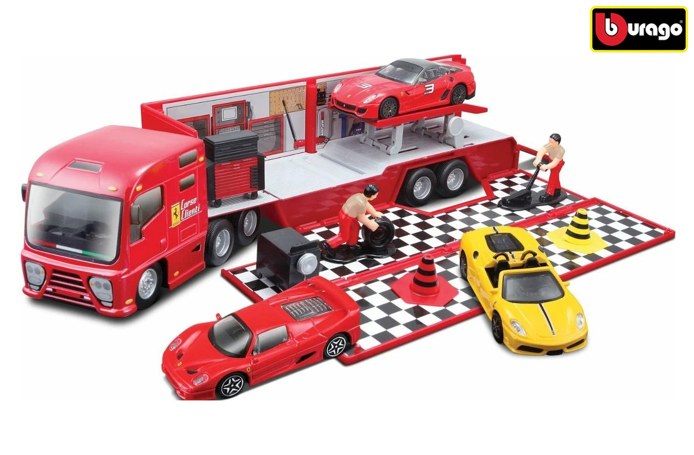 Levně Bburago Auto s přívěsem s doplňky Ferrari Race & Play plast v krabici 1:43