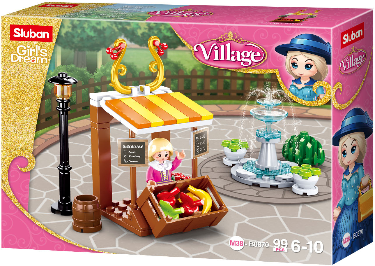 Levně Sluban Girls Dream Village M38-B0870 Dobový stánek s ovocem a fontána