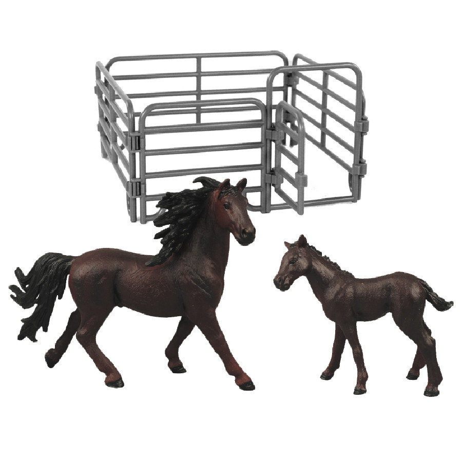 Levně Sada koně 2 ks s ohradou tmavě hnědý s černou hřívou