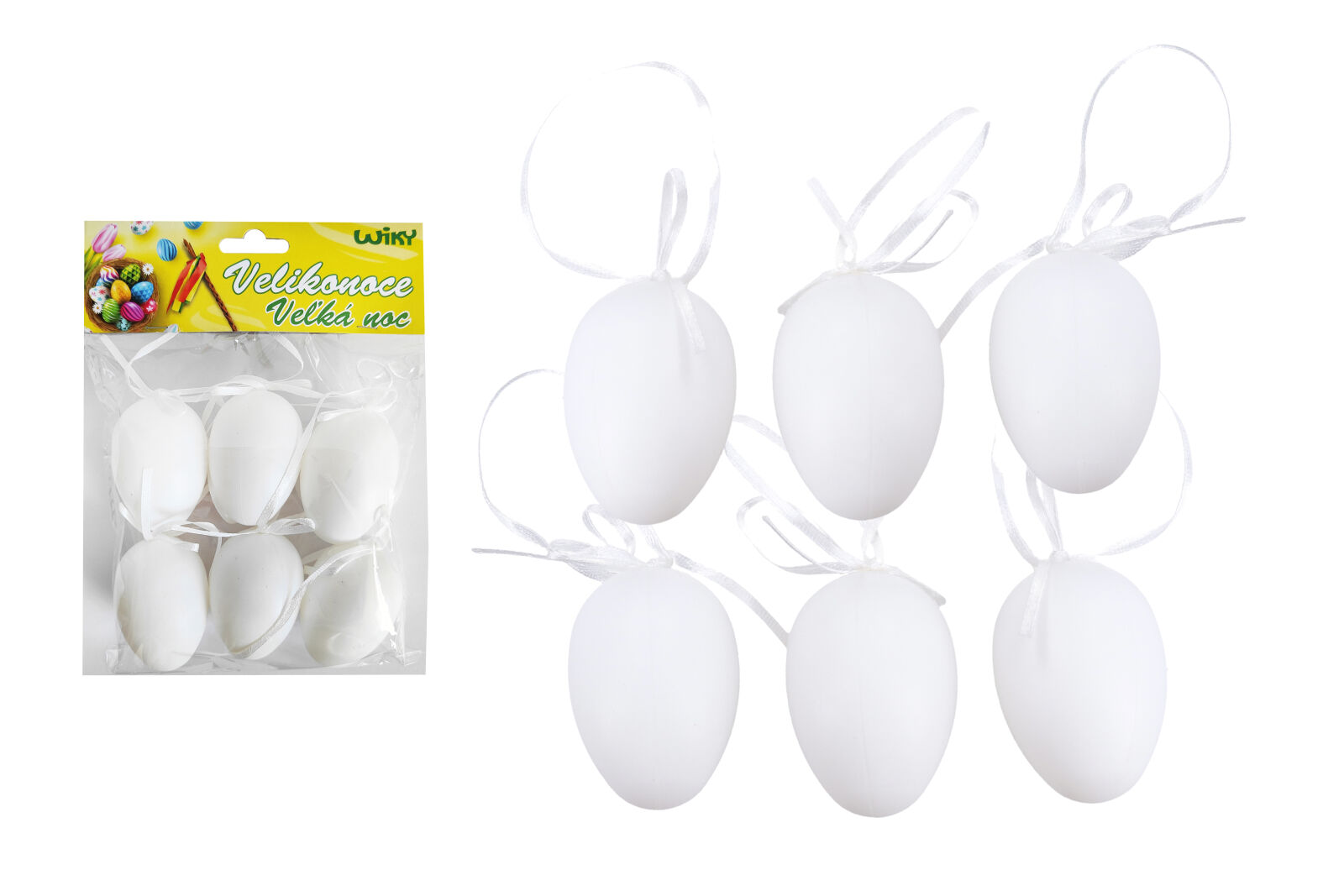 Levně Vajíčko dekorační plastové bílé na zavěšení 6 cm, 6ks